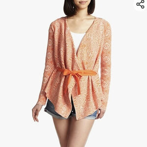 Odd Molly Egotrip Short Wrap Cardigan Mixed Media Chevron zig zag Belted Tie 2/M